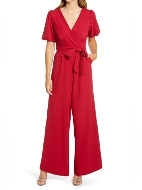 Julia Jordan Red Wrap Jump Suit with Puff Sleeves — WORN ONCE
